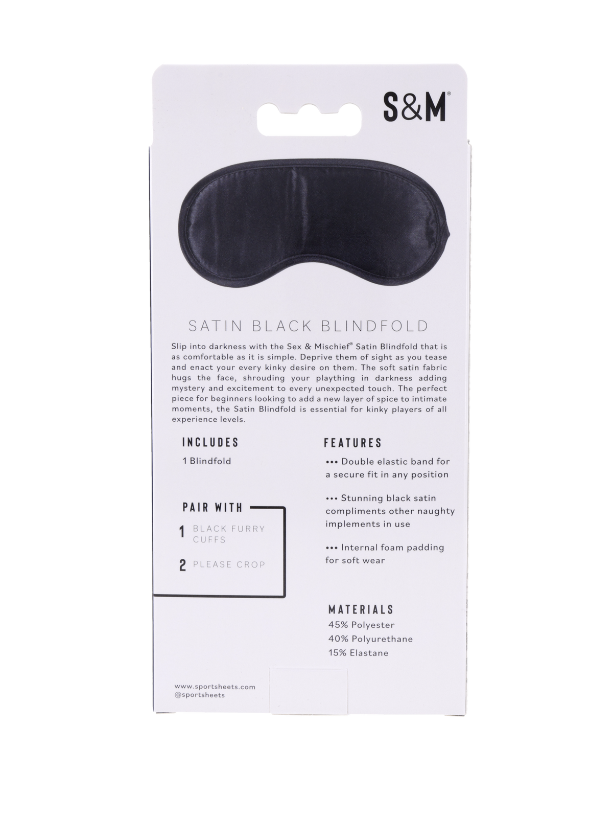 Sportsheets S&amp;M Satin Blindfold | Black: Packaging materials and features
