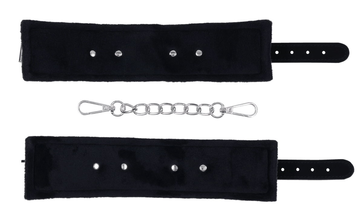 Sportsheets Shadow Handcuffs: Cuffs laid flat with removable chain