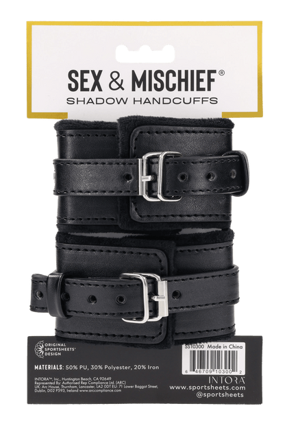 Sportsheets Shadow Handcuffs: Back of retail packaging and material list
