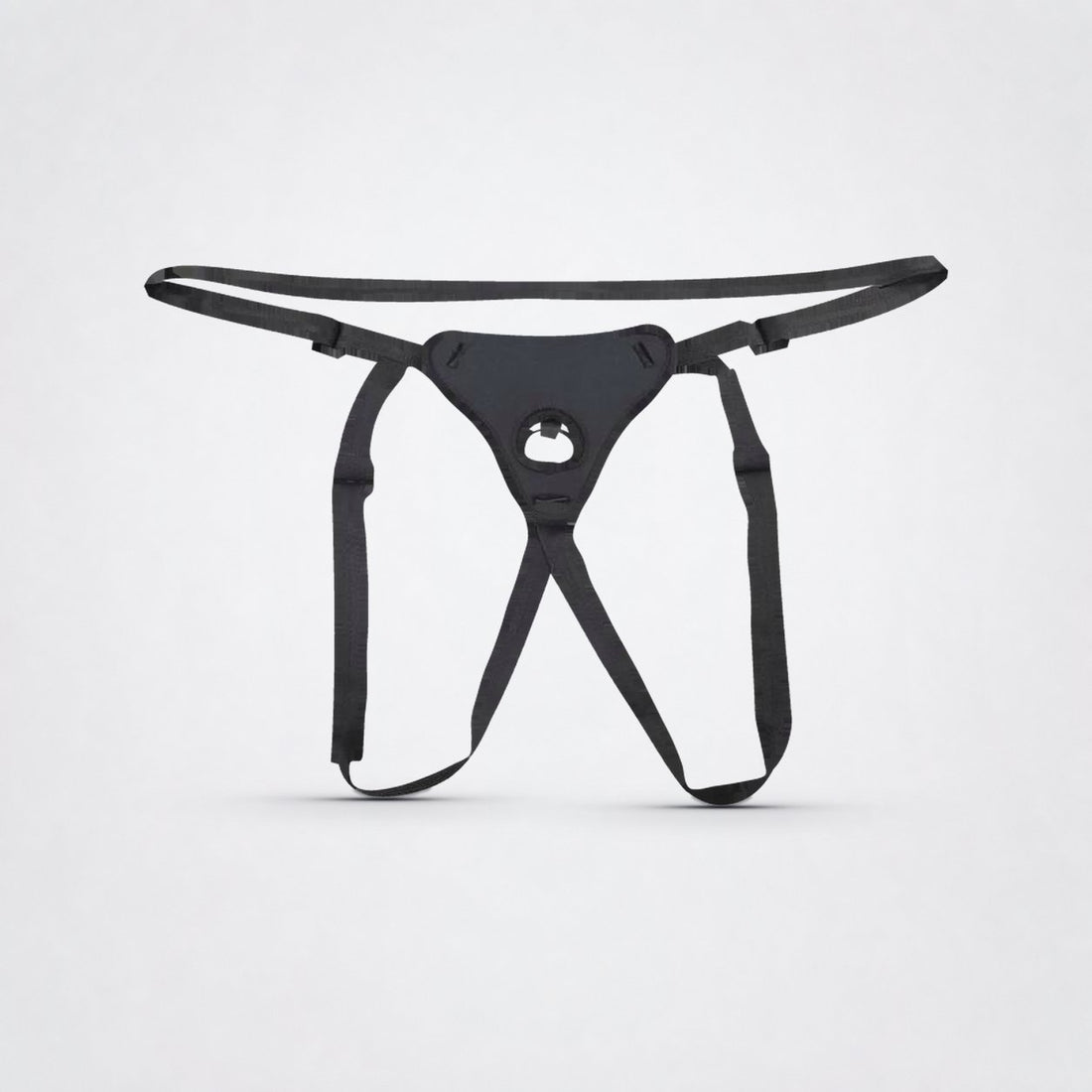 Sportsheets Dual Desires Strap-On Harness | Black on The Luv Coach gray studio background