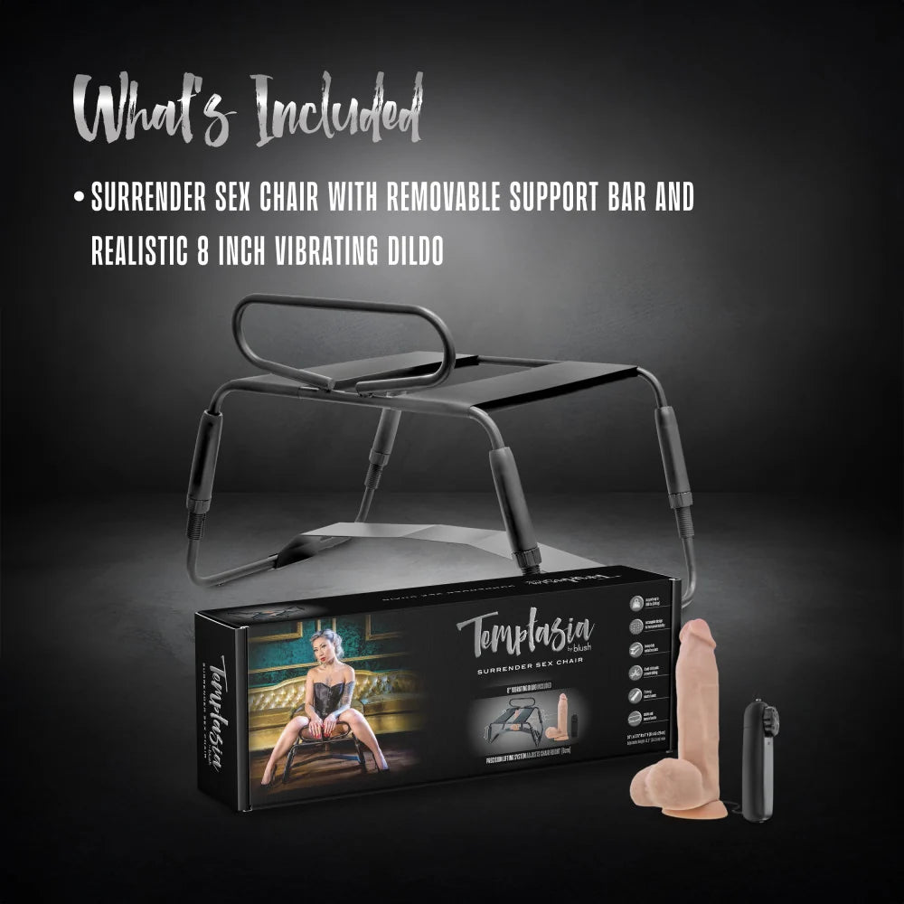 Surrender Sex Chair package contents with removable support bar and vibrator