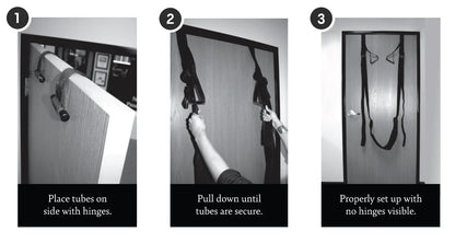 Three-step instructions for securely attaching the Frequent Flyer Door Swing to a hinged door