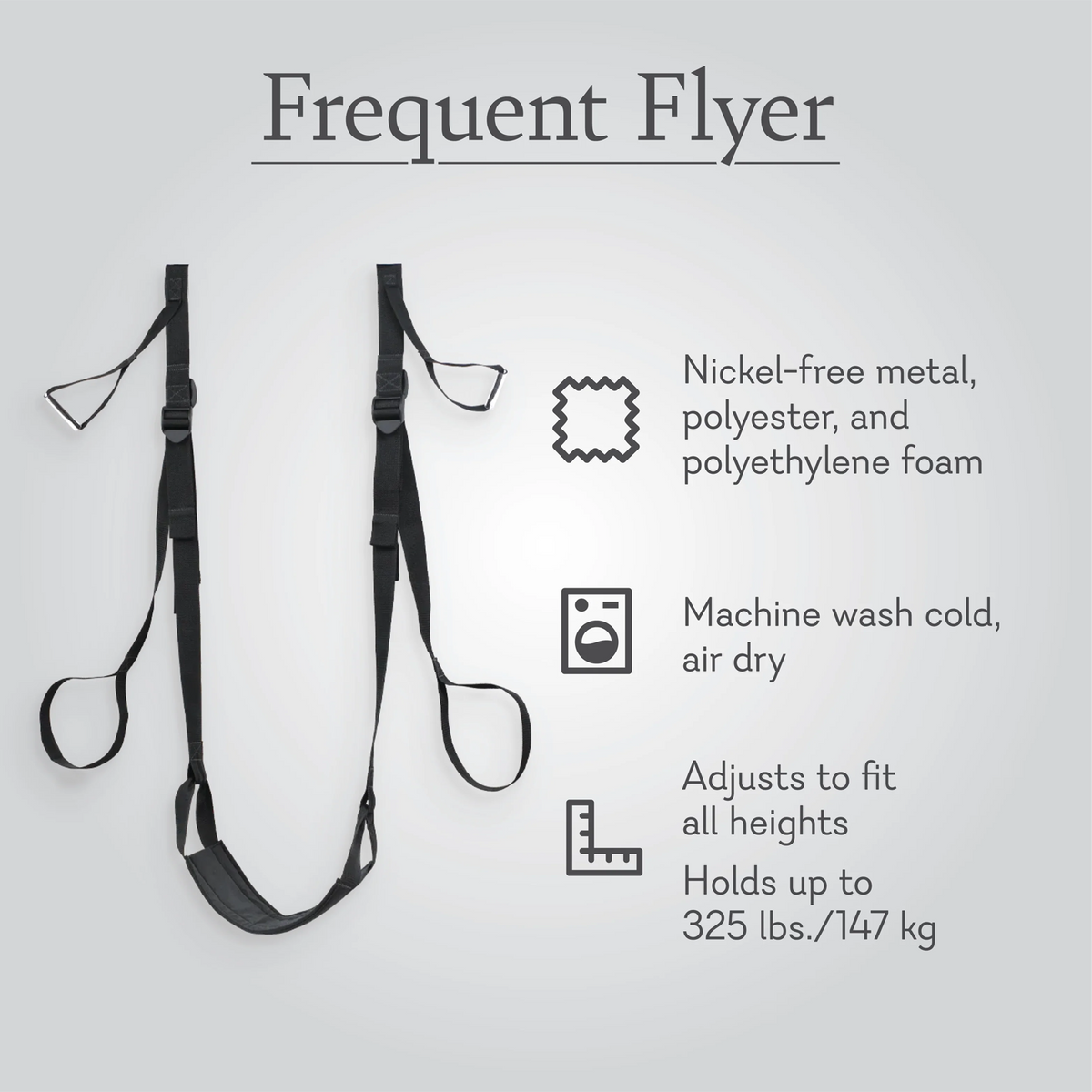 Frequent Flyer Door Swing materials, care, fit, and weight capacity