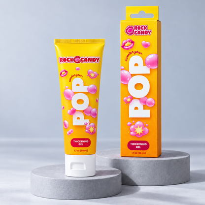 Rock Candy POP Thickening Gel tube and matching carton on grey display platforms