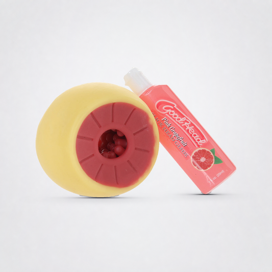 GoodHead grapefruit stroker and flavoured glide set on the Luv Coach neutral grey studio background