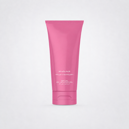 Headliner Fresh Strawberry oral gel on a clean gray studio background