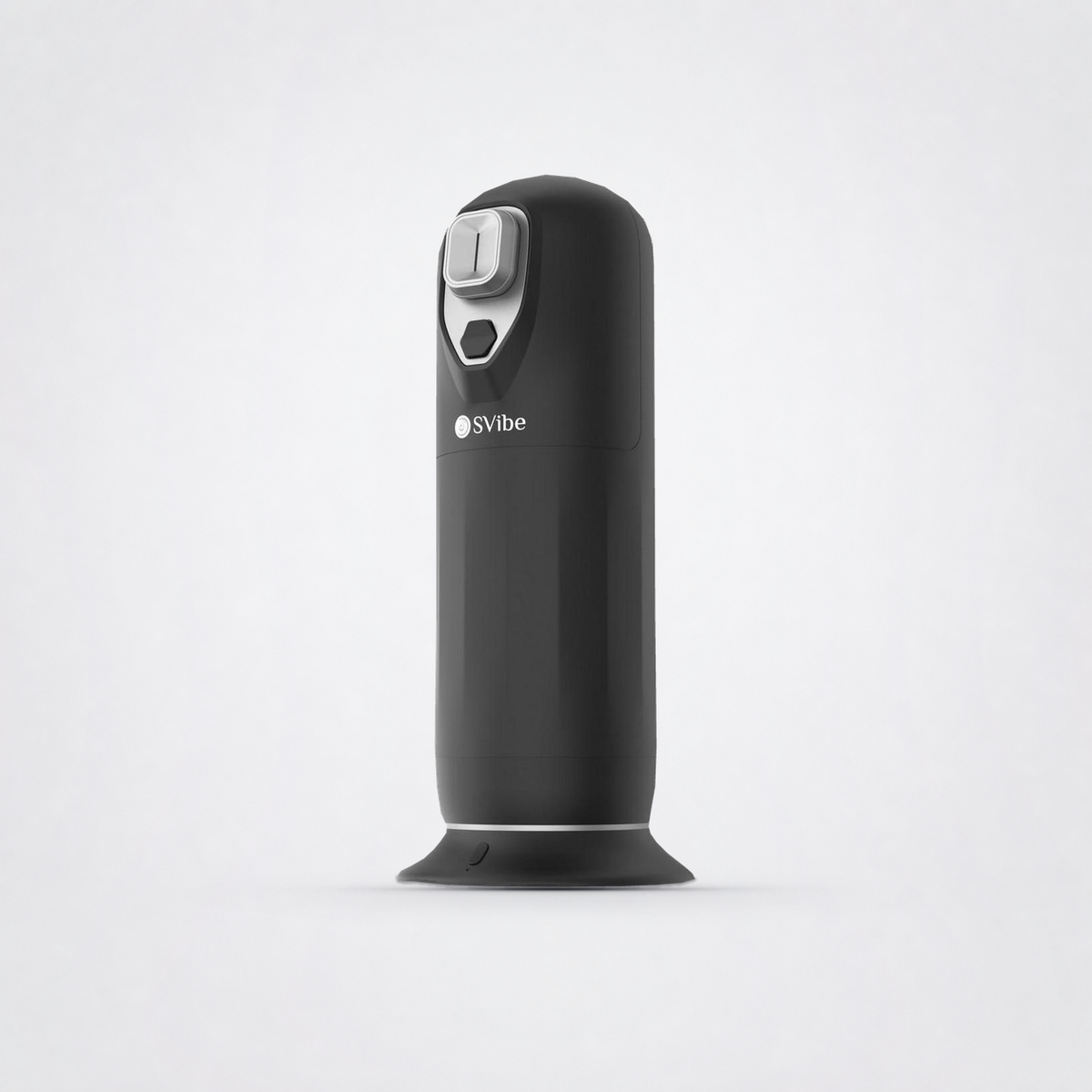 Front view of the black SVIBE JET warming and thrusting massager on The Luv Coach grey studio background