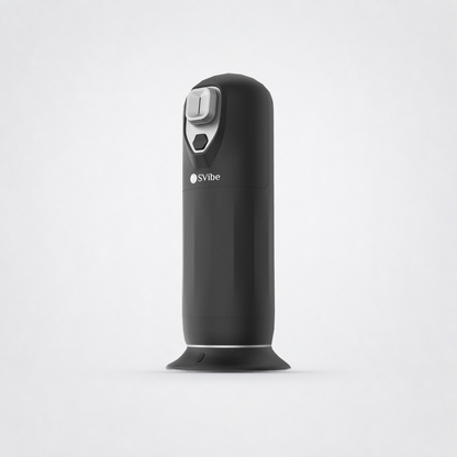 Front view of the black SVIBE JET warming and thrusting massager on The Luv Coach grey studio background