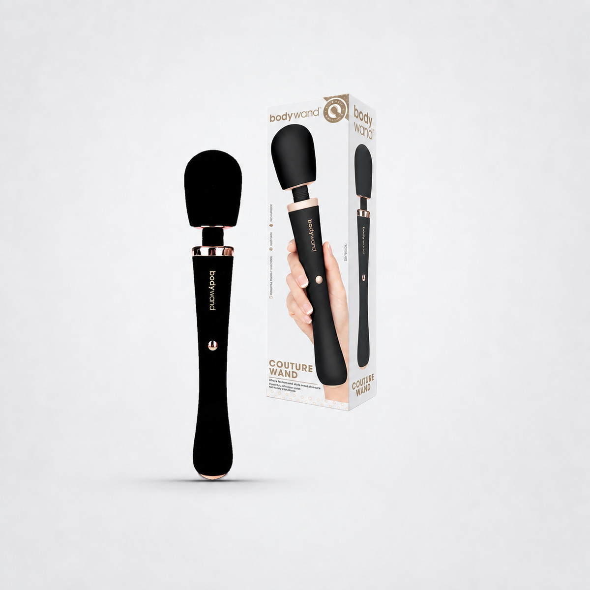 Lux Couture Wand with retail box on the Luv Coach grey studio background without a package shadow