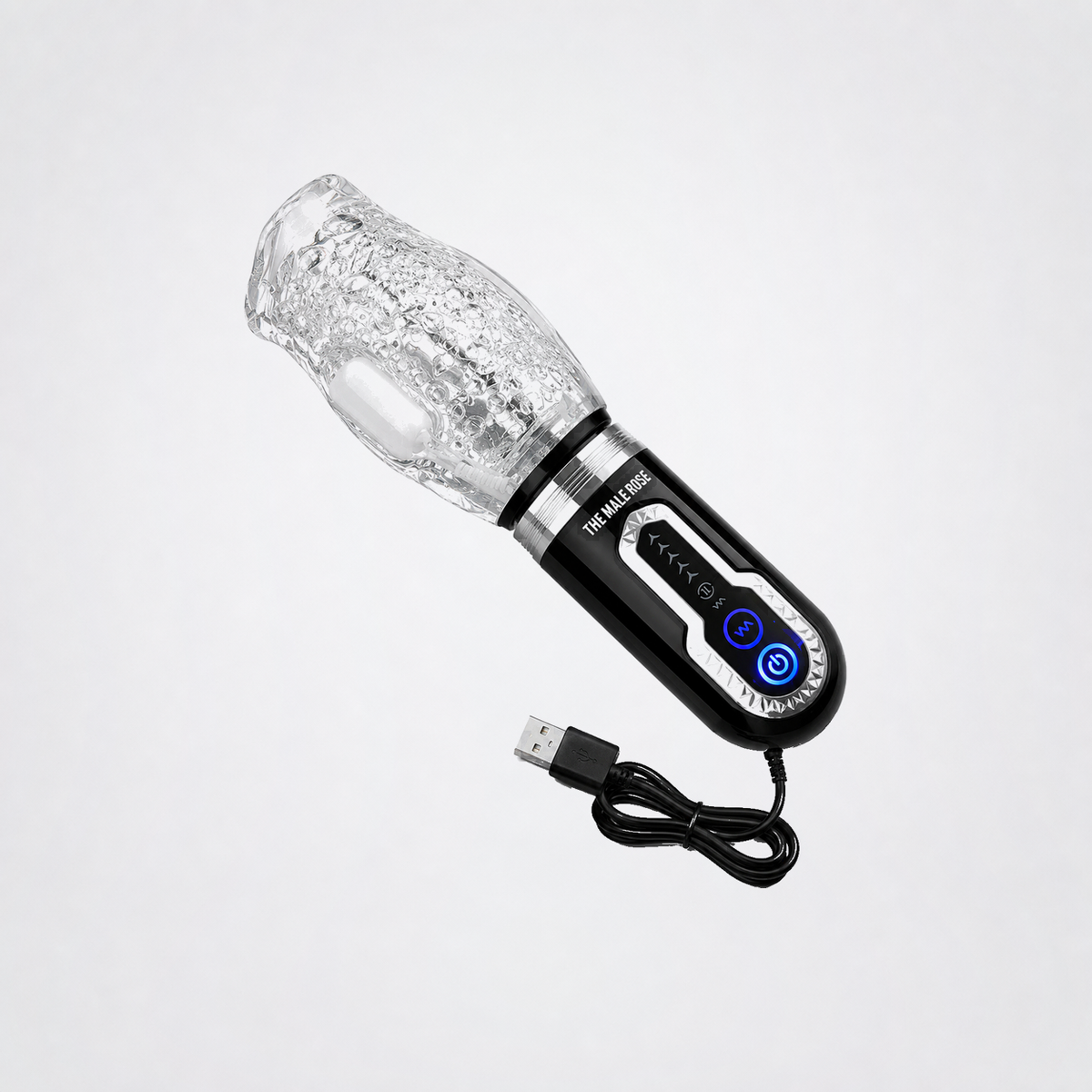 Male Rose 3 rechargeable stroker with USB charging cable on a neutral grey studio background