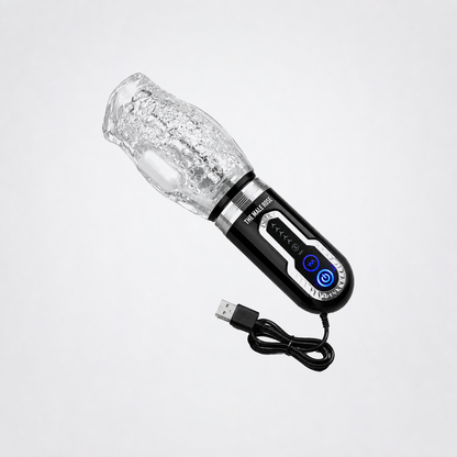 Male Rose 3 rechargeable stroker with USB charging cable on a neutral grey studio background