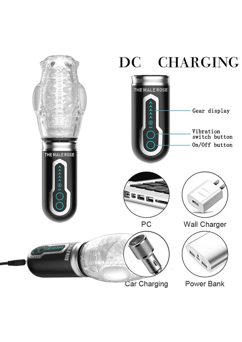 Male Rose 3 charging options for computer, wall adapter, car adapter, and power bank