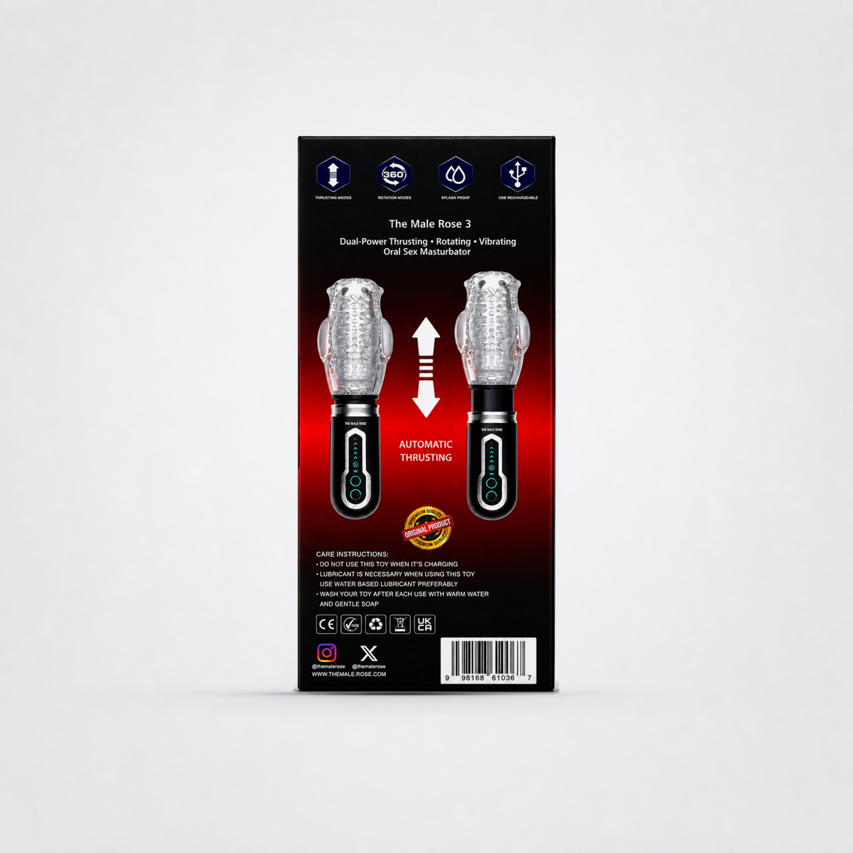 Back of the Male Rose 3 retail package with instructions and barcode on a neutral grey studio background