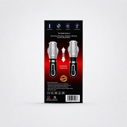 Back of the Male Rose 3 retail package with instructions and barcode on a neutral grey studio background