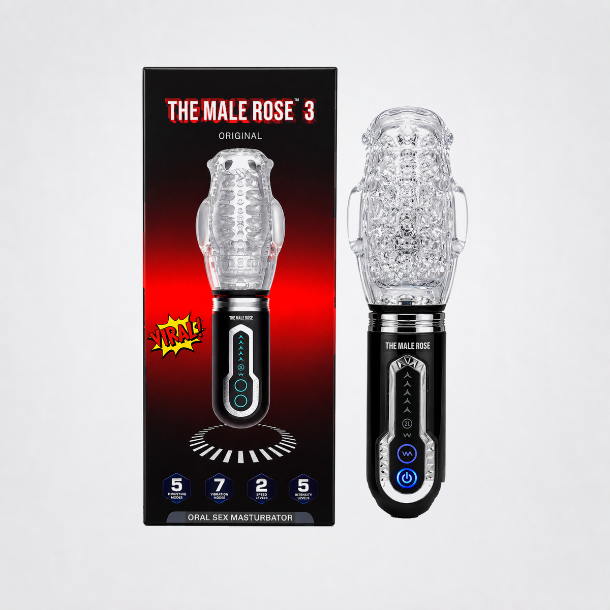 Male Rose 3 stroker with retail packaging on a clean neutral grey studio background