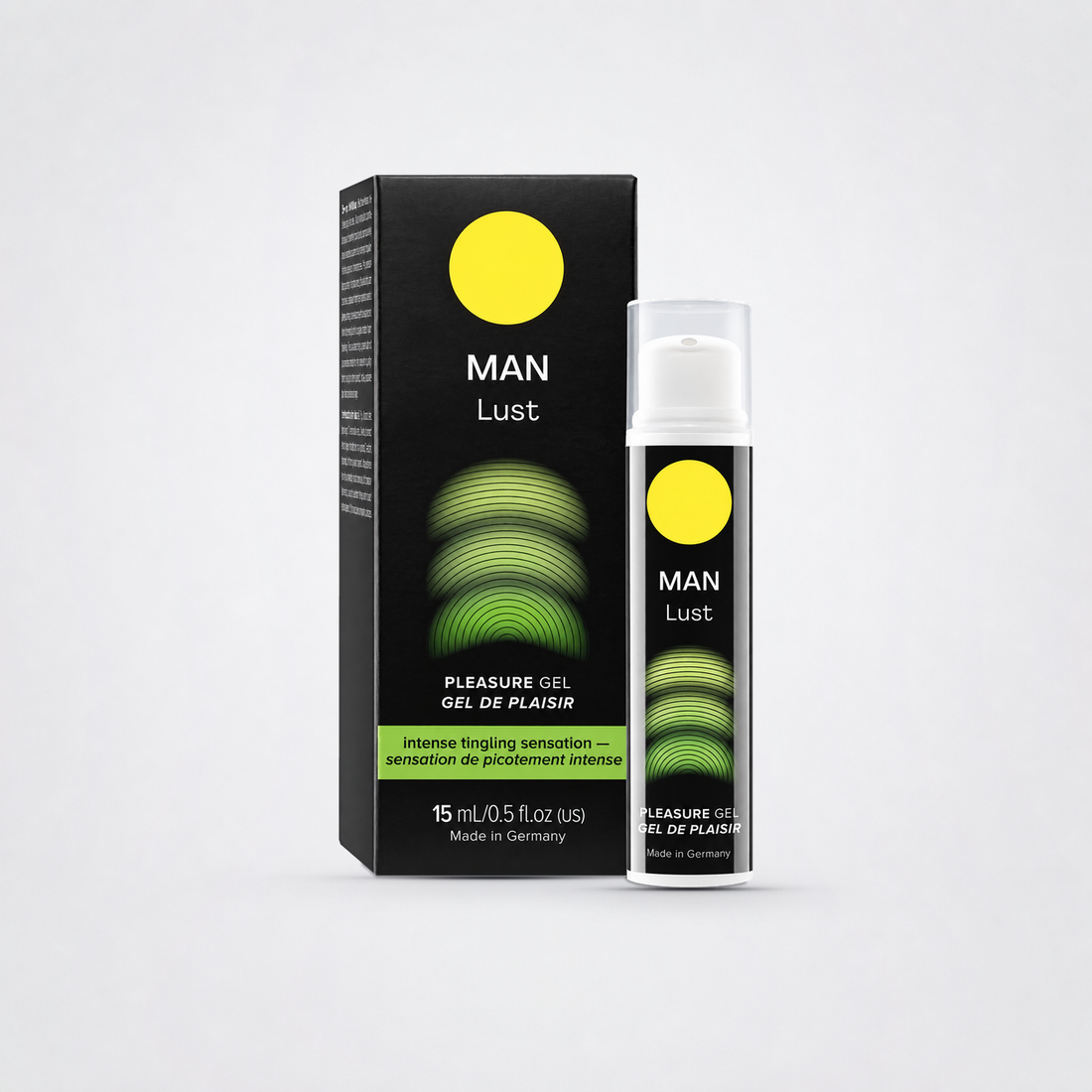 MAN Lust pleasure gel bottle and box on gray background