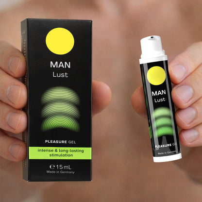 MAN Lust pleasure gel bottle and box held in hands