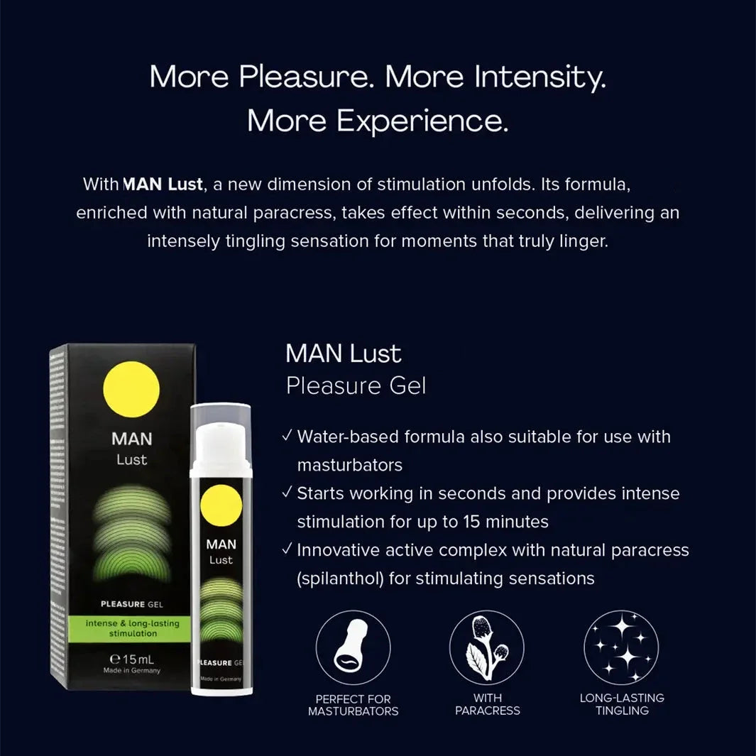 MAN Lust pleasure gel features and water-based formula information