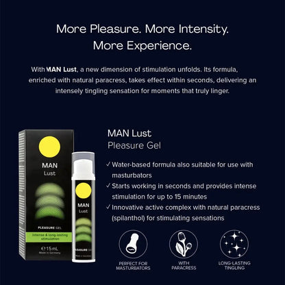 MAN Lust pleasure gel features and water-based formula information