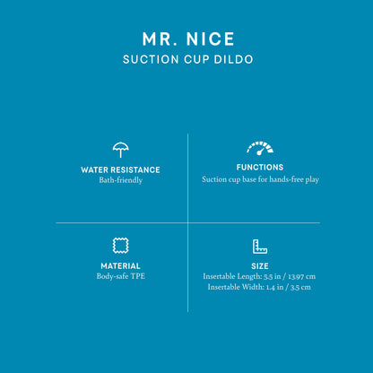 Mr. Nice material, size, water resistance, and suction cup details