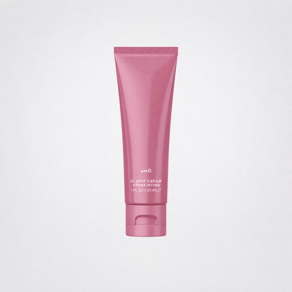 omG G-Spot Enhancement Cream pink tube on grey studio background without a shadow