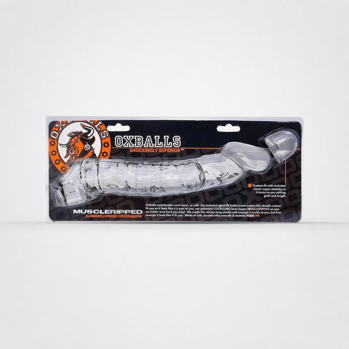 Oxballs Muscle Ripped clear cocksheath in retail packaging