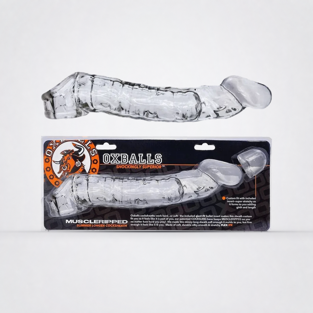 Clear Muscle Ripped cocksheath shown above its Oxballs retail package