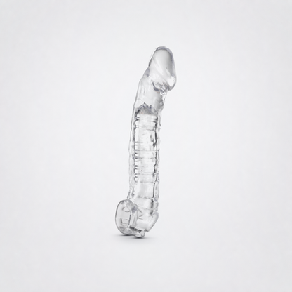 Upright view of the clear Oxballs Muscle Ripped cocksheath