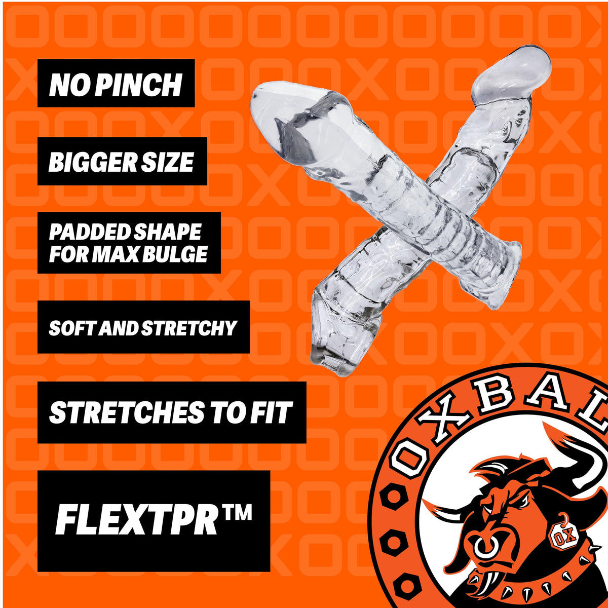 Oxballs Muscle Ripped features graphic highlighting no pinch, bigger size, padded shape, and stretchy FLEXtpr