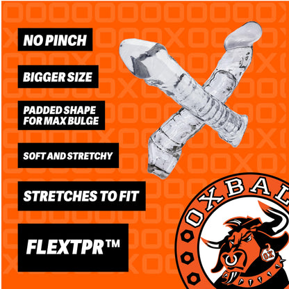 Oxballs Muscle Ripped features graphic highlighting no pinch, bigger size, padded shape, and stretchy FLEXtpr