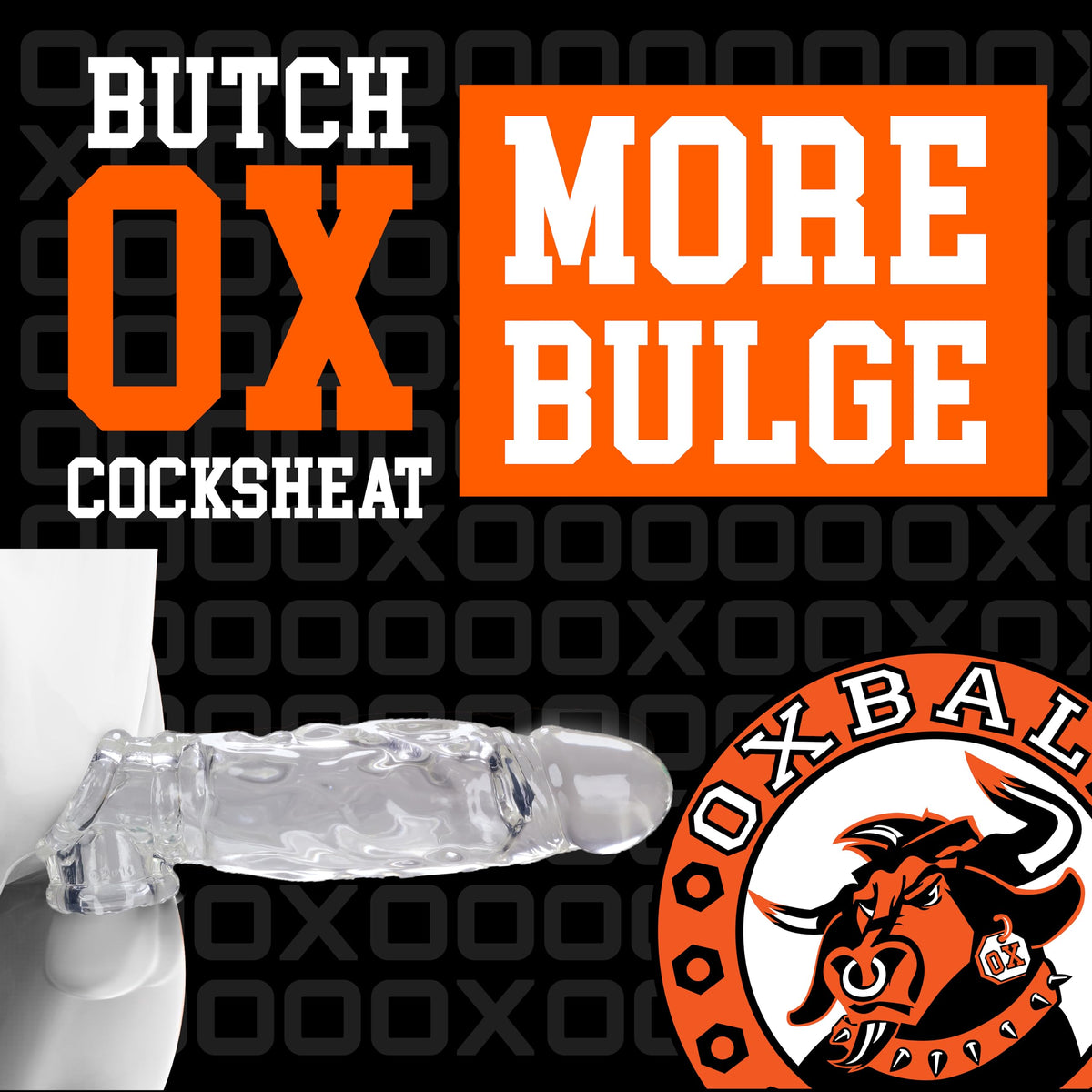 Oxballs Muscle Ripped cocksheath promotional graphic highlighting a streamlined profile with more bulge