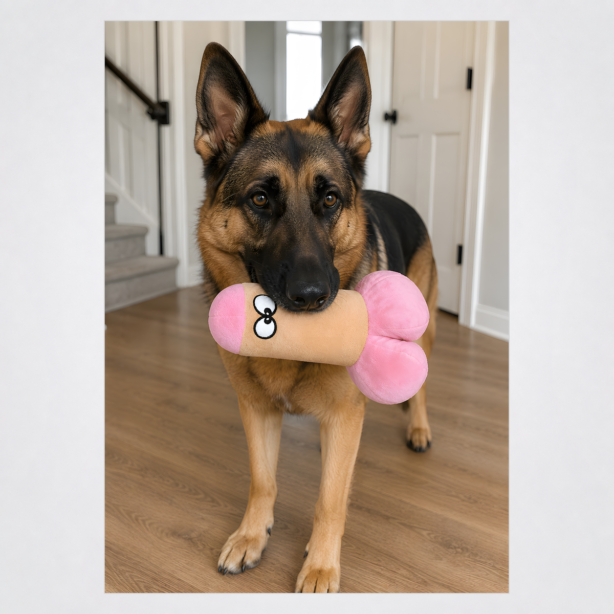 Dog holding the Peter Woofington dog toy in a square grey-framed photo
