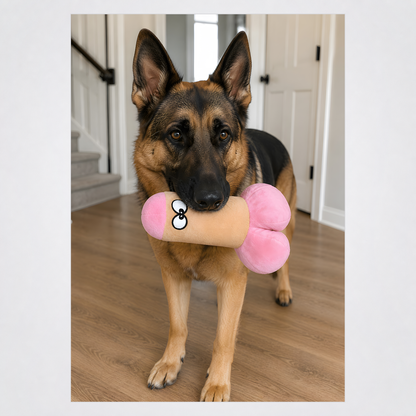Dog holding the Peter Woofington dog toy in a square grey-framed photo