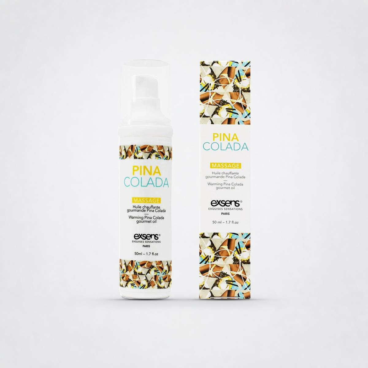 Piña Colada | Exsens warming lickable massage oil bottle and box on The Luv Coach neutral studio background