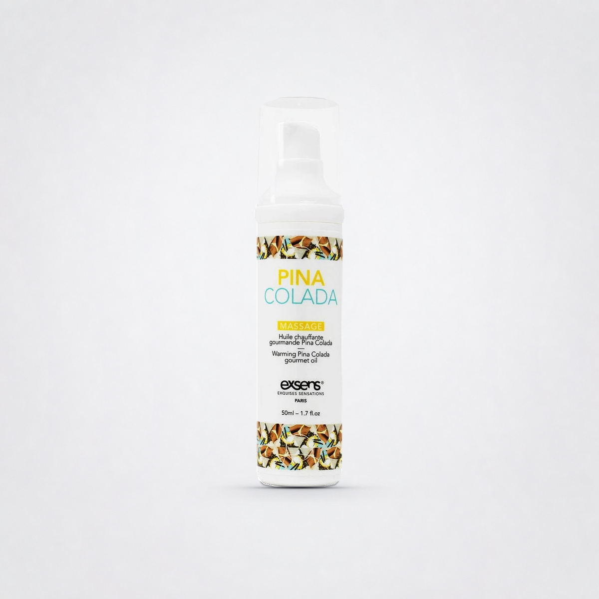 Piña Colada | Exsens warming lickable massage oil bottle on The Luv Coach neutral studio background