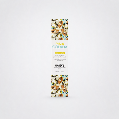 Piña Colada | Exsens warming lickable massage oil box on The Luv Coach neutral studio background