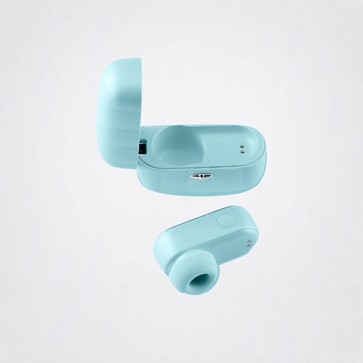Pleasure Pod Air open charging case and massager on The Luv Coach neutral grey studio background