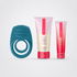 Prolonging Buzzing couples bundle with teal vibrating ring, lubricant, and prolonging cream on a neutral grey studio background