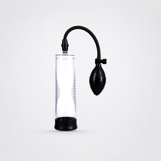 Rock Solid Classic penis pump on the Luv Coach neutral gray studio background
