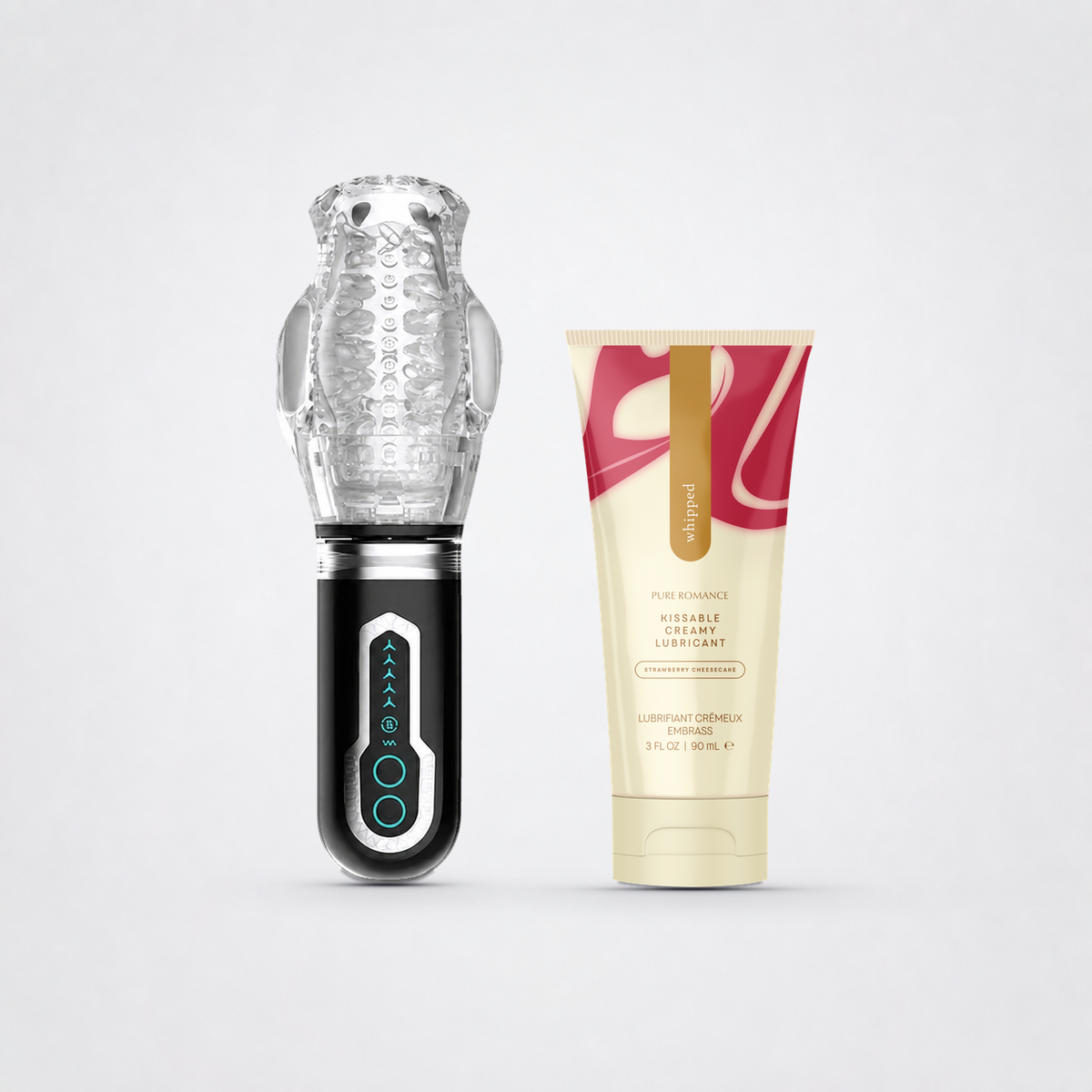Male Rose 3 with Whipped Strawberry Cheesecake lubricant on The Luv Coach neutral studio background
