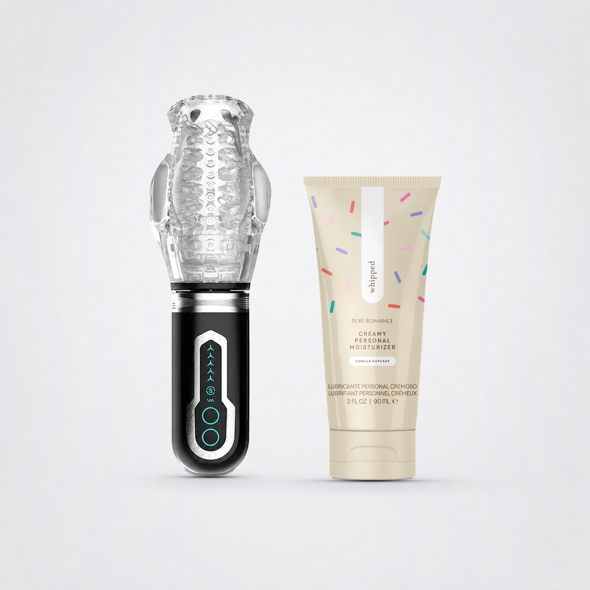 Male Rose 3 with Whipped Vanilla Cupcake lubricant on The Luv Coach neutral studio background
