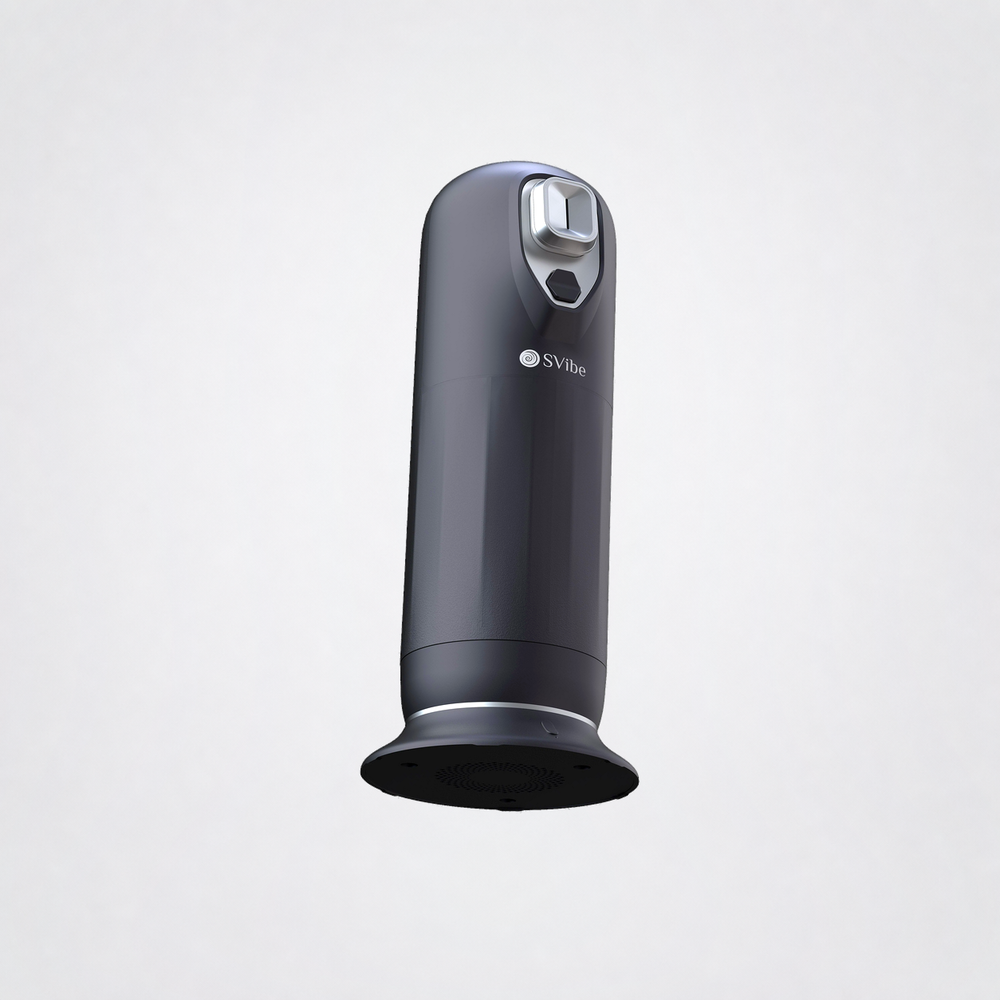 Angled view of the black SVIBE JET on a grey studio background