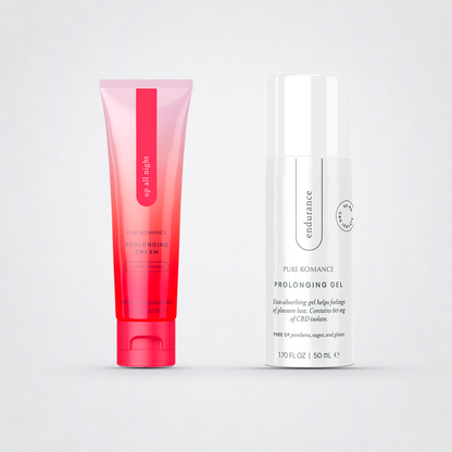 Up All Night prolonging cream and Endurance prolonging gel on The Luv Coach neutral studio background