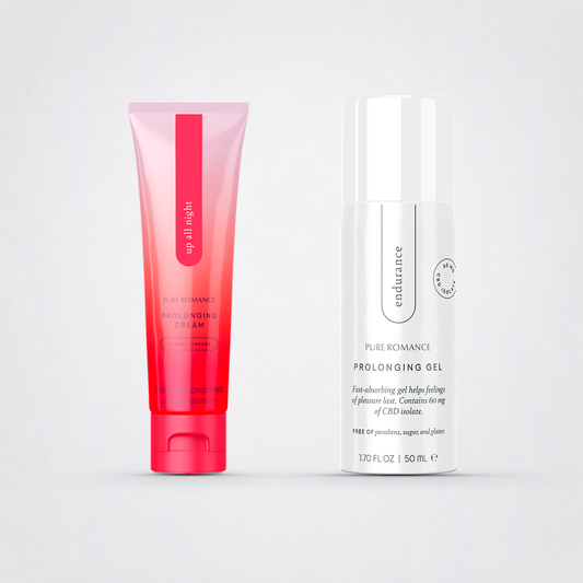 Up All Night prolonging cream and Endurance prolonging gel on The Luv Coach neutral studio background