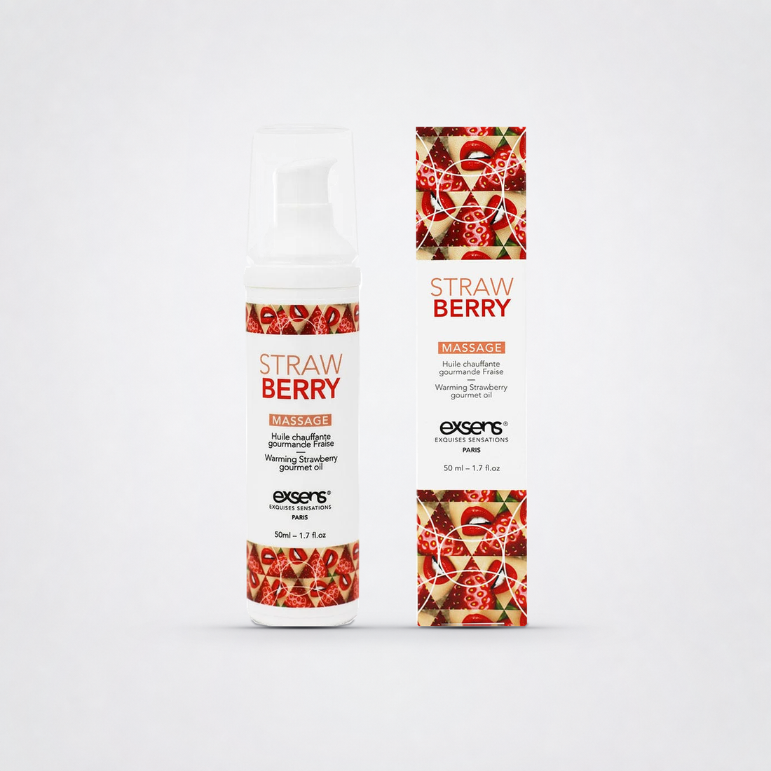 Strawberry | Exsens warming lickable massage oil bottle and box on The Luv Coach neutral studio background