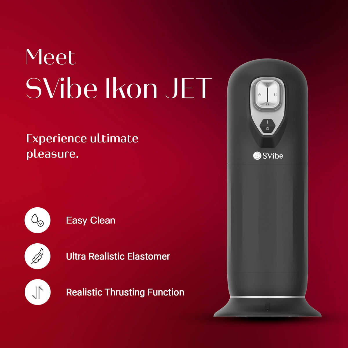 SVIBE JET feature graphic highlighting easy cleaning, premium elastomer, and realistic thrusting