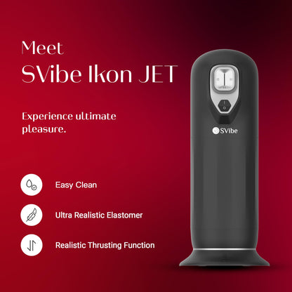 SVIBE JET feature graphic highlighting easy cleaning, premium elastomer, and realistic thrusting