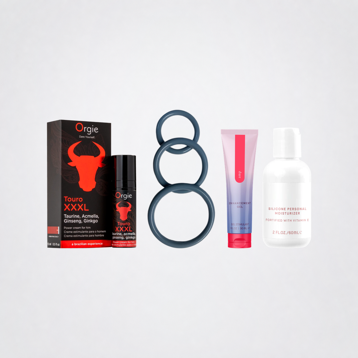 Ultimate Power Hard for Him Bundle with Touro XXXL, three silicone rings, Amp and silicone moisturizer on grey