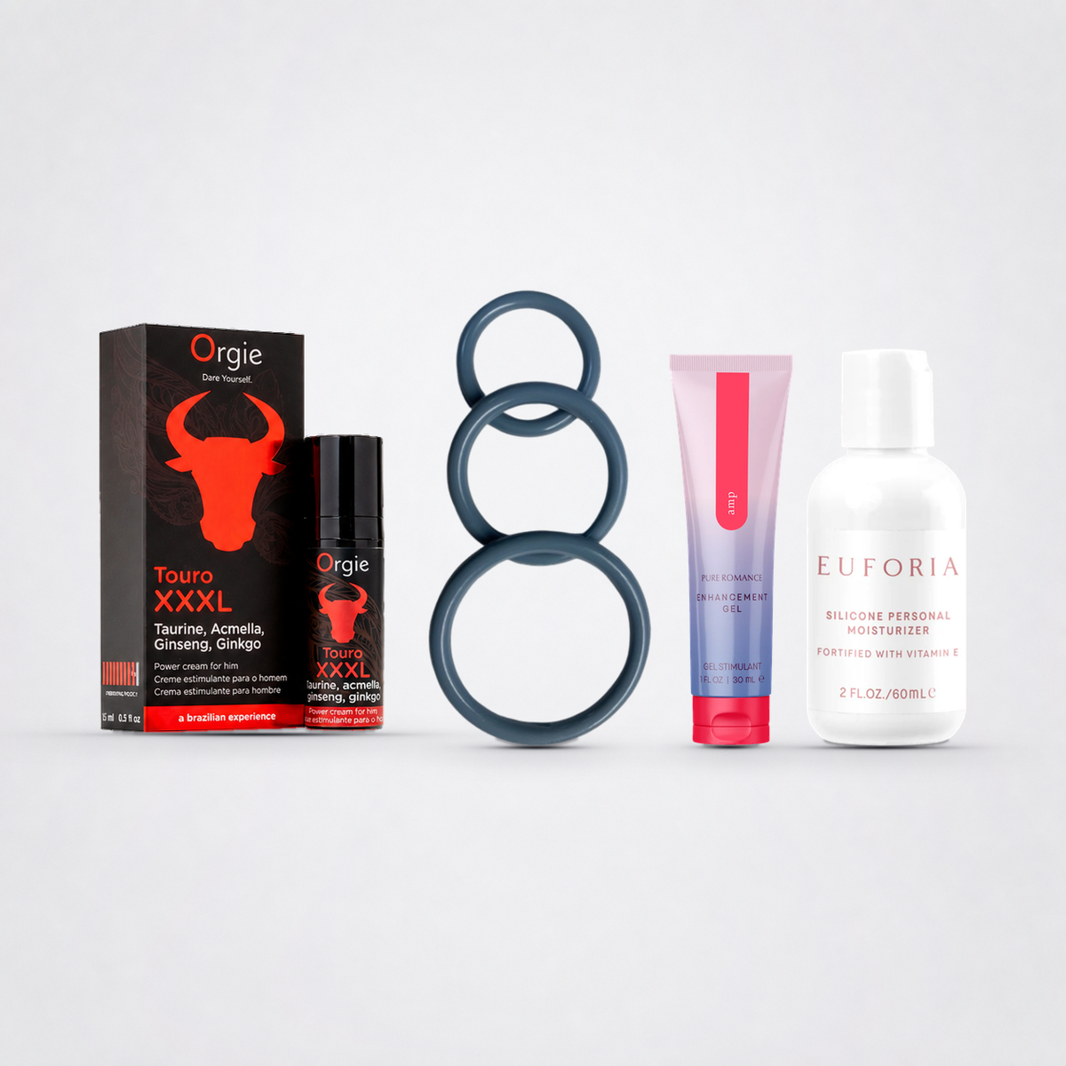 Touro XXXL, three silicone penis rings, Amp enhancement gel, and Euforia silicone personal moisturizer