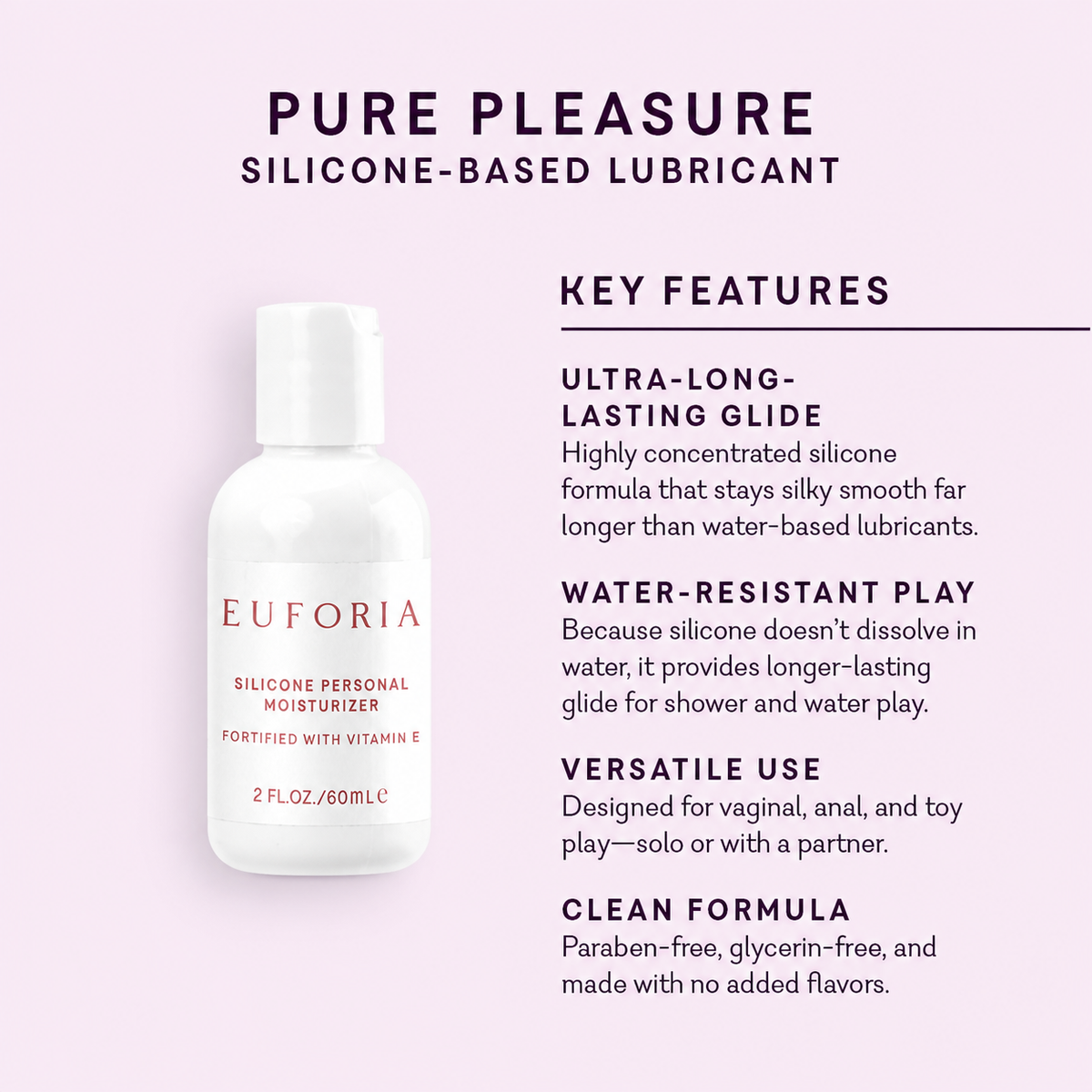 Euforia Silicone Personal Moisturizer bottle with Pure Pleasure silicone-based lubricant key features